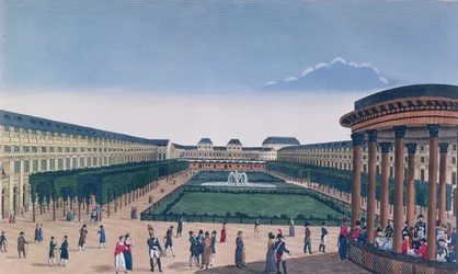 Ansicht der Gärten des Palais Royal, gesehen von der Rotunde, graviert von Eugene Aubert, ca. 1820